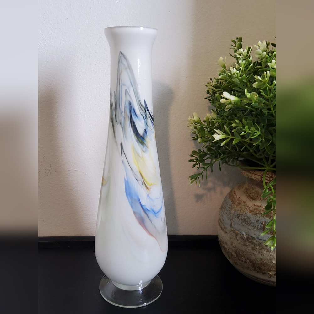 Vintage Bud Vase in White Glass with Abstract Colour Design